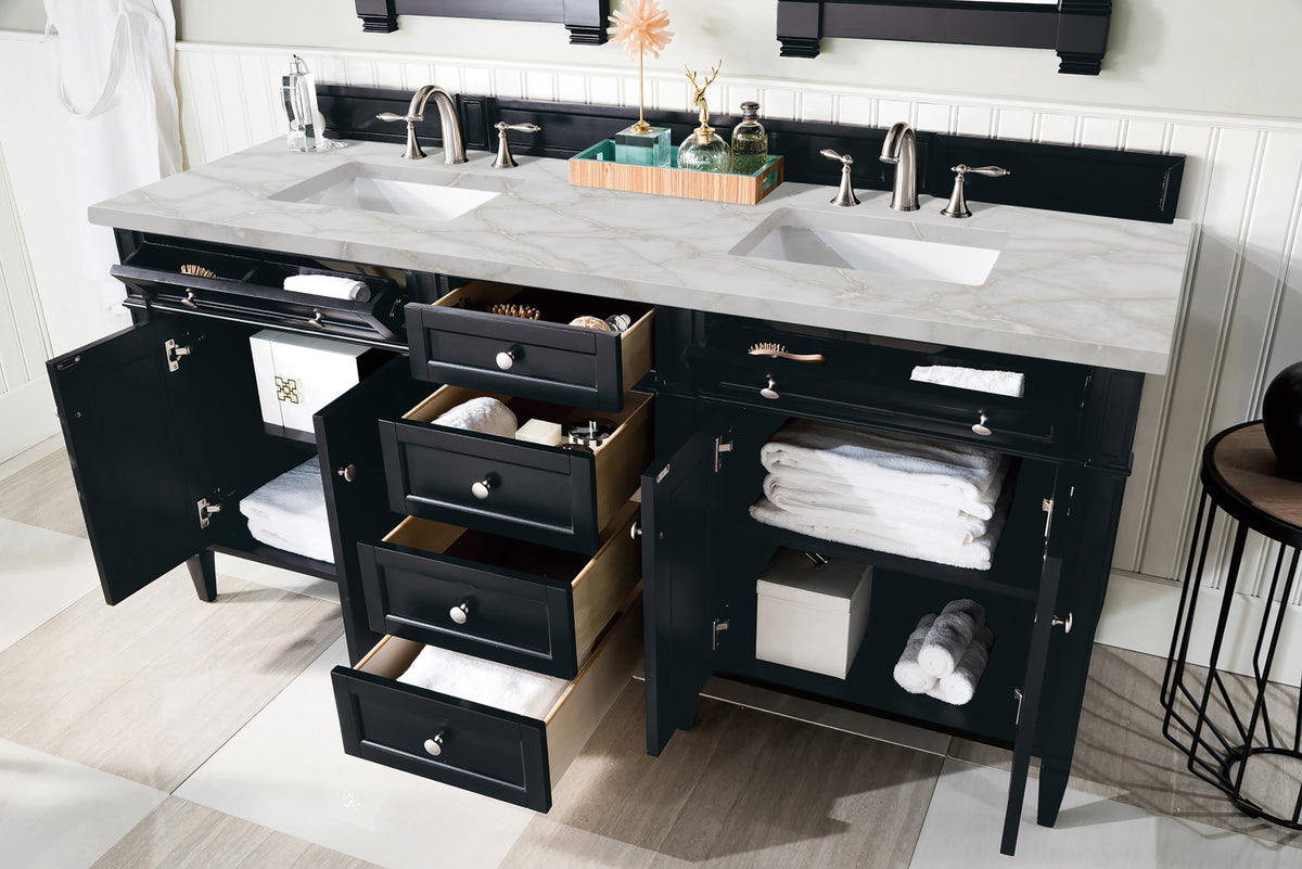 James Martin Vanities Brittany 72" Black Onyx Double Vanity With 3 CM Victorian Silver Silestone Top and FreePower Wireless Charger