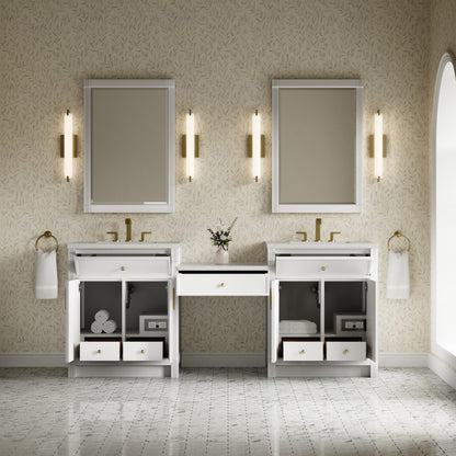 James Martin Vanities Bellshire 84" Bright White Dual Vanity Set With 3 cm Lime Delight Silestone Top and 24" Make-Up Counter