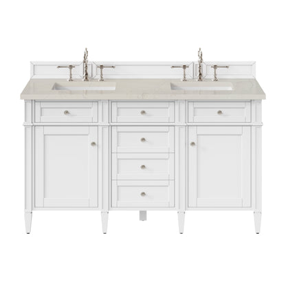 James Martin Vanities Brittany 60" Bright White Double Vanity With 3 CM Siberian Silestone Top and FreePower Wireless Charger