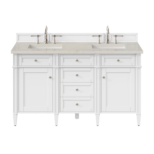 James Martin Vanities Brittany 60" Bright White Double Vanity With 3 CM Siberian Silestone Top and FreePower Wireless Charger