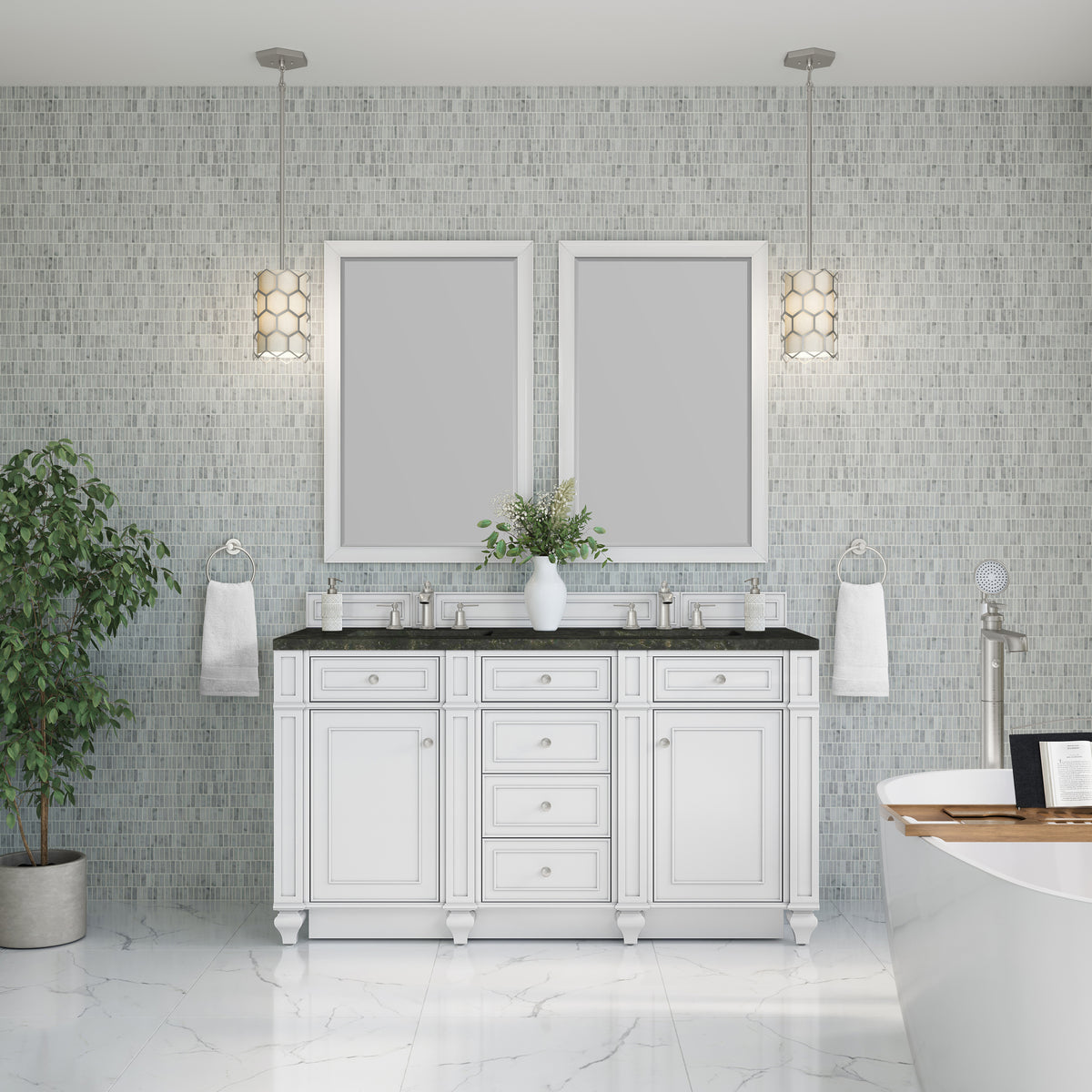 James Martin Vanities Bristol 60" Bright White Double Vanity With 3 CM Phantome Eclos Top