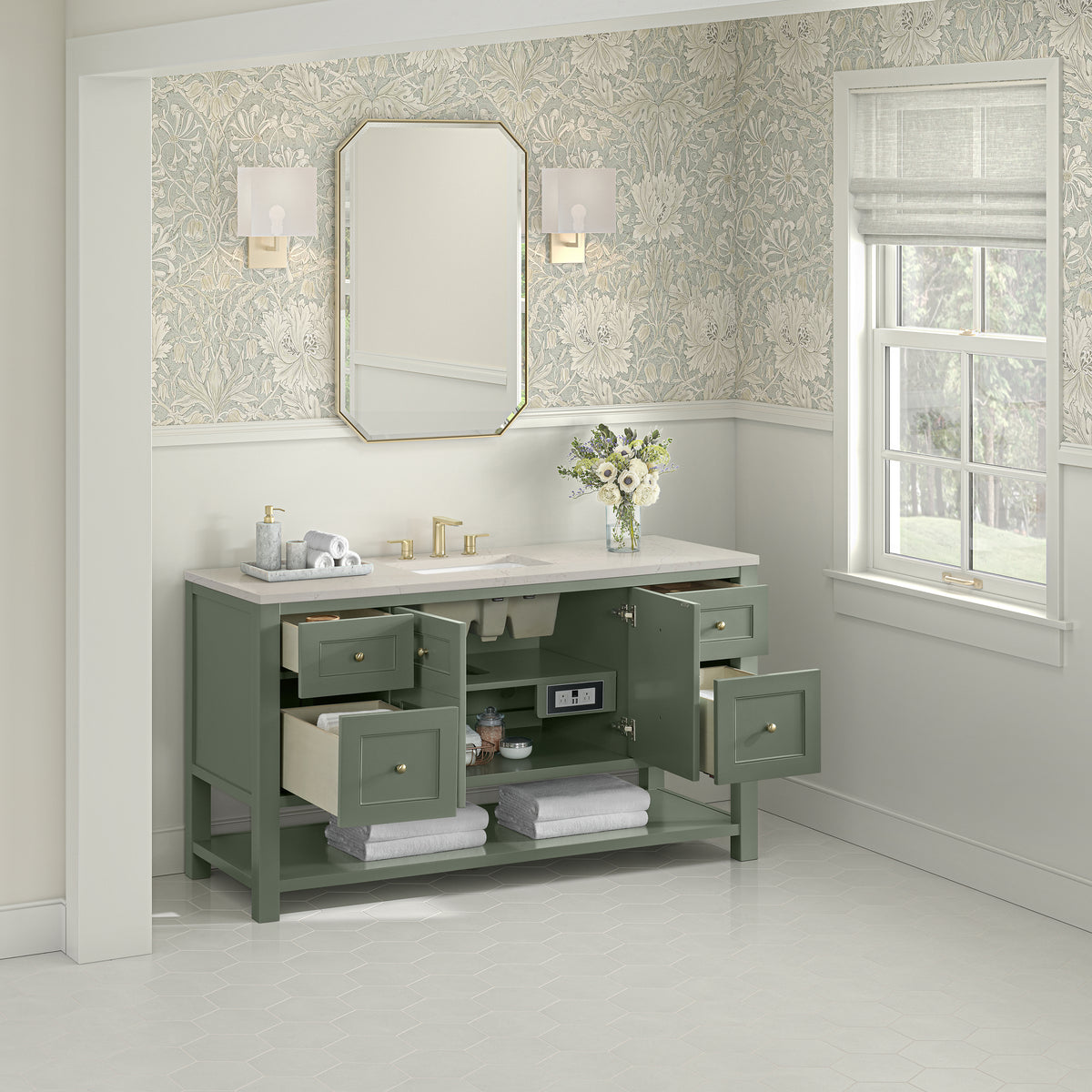 James Martin Vanities Breckenridge 60" Smokey Celadon Single Vanity With 3cm Siberian Silestone Top and FreePower Wireless Charger
