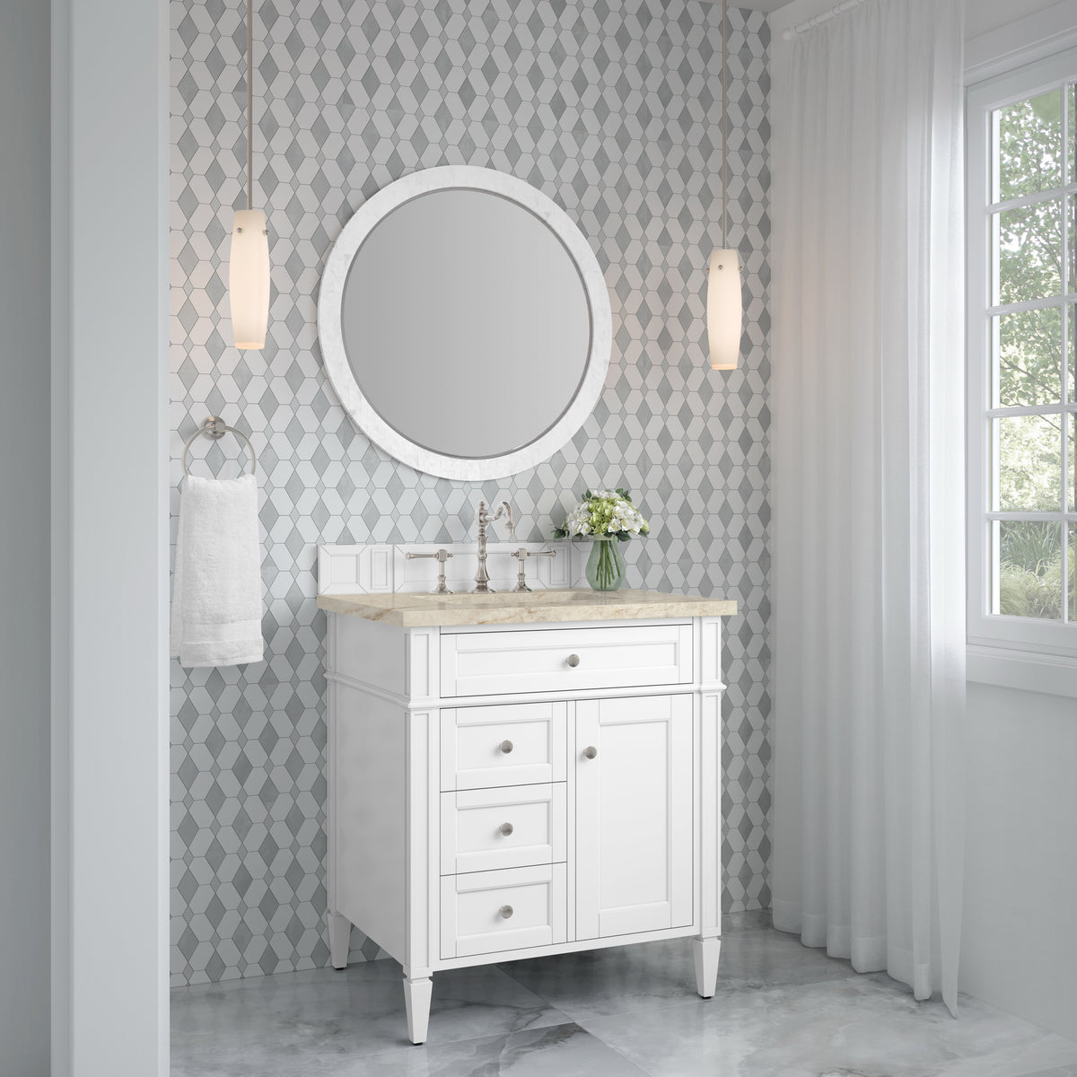 James Martin Vanities Brittany 30" Bright White Single Vanity With 3 CM Tajnar Eclos Top