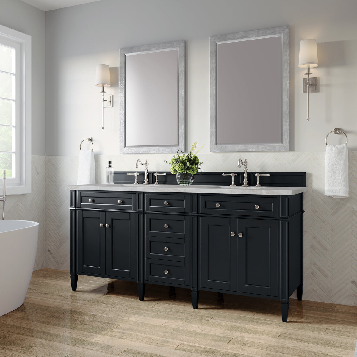 James Martin Vanities Brittany 72" Black Onyx Double Vanity With 3 CM Victorian Silver Silestone Top and FreePower Wireless Charger