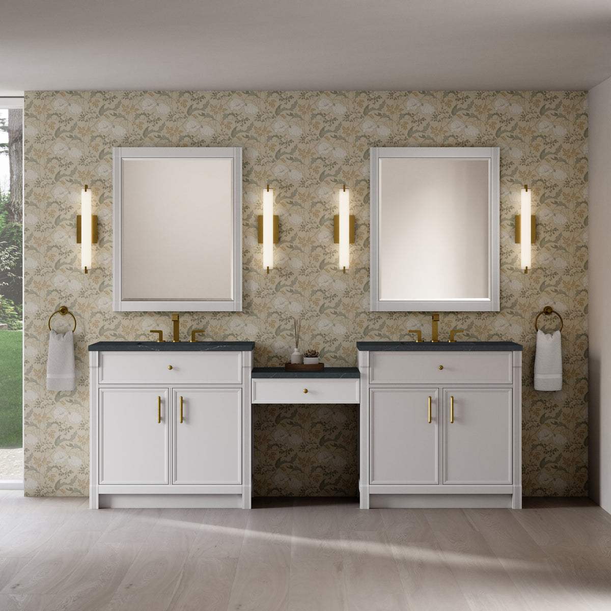 James Martin Vanities Bellshire 96" Bright White Dual Vanity Set With 3 cm Charcoal Soapstone Silestone Top and 24" Make-Up Counter