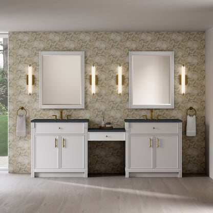 James Martin Vanities Bellshire 96" Bright White Dual Vanity Set With 3 cm Charcoal Soapstone Silestone Top and 24" Make-Up Counter