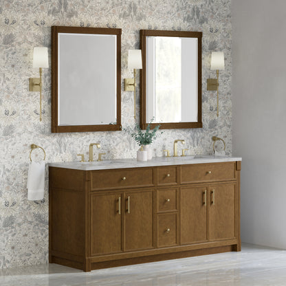 James Martin Vanities Bellshire 72" Honey Oak Double Vanity With 3 CM Victorian Silver Silestone Top and FreePower Wireless Charger