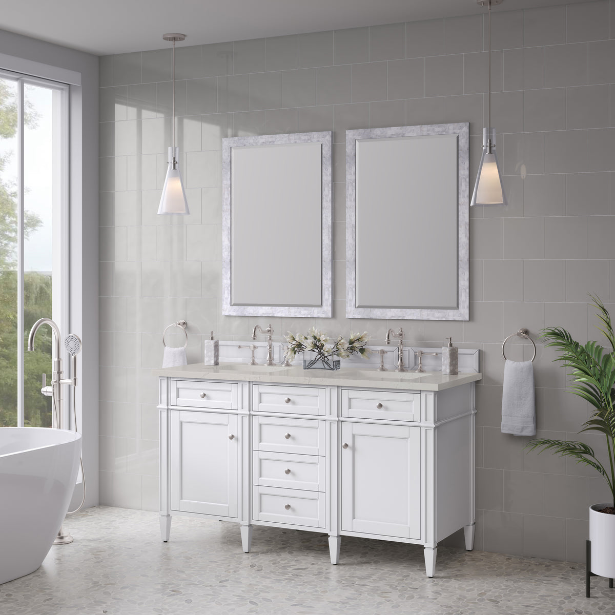 James Martin Vanities Brittany 60" Bright White Double Vanity With 3 CM Siberian Silestone Top and FreePower Wireless Charger