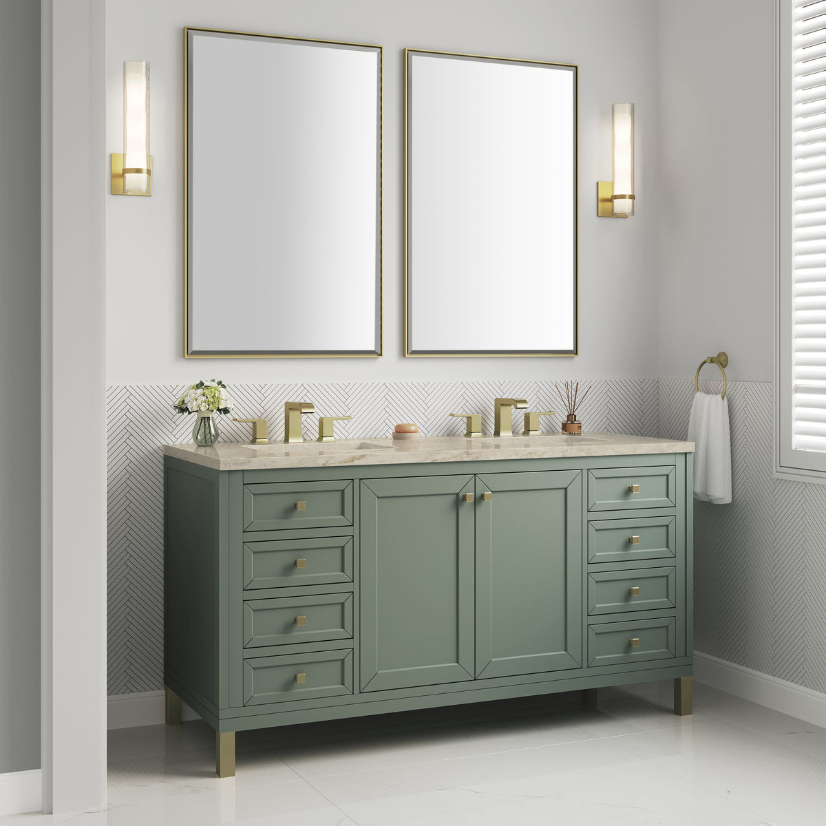 James Martin Vanities Chicago 60" Smokey Celadon Double Vanity With 3 CM Tajnar Eclos Top