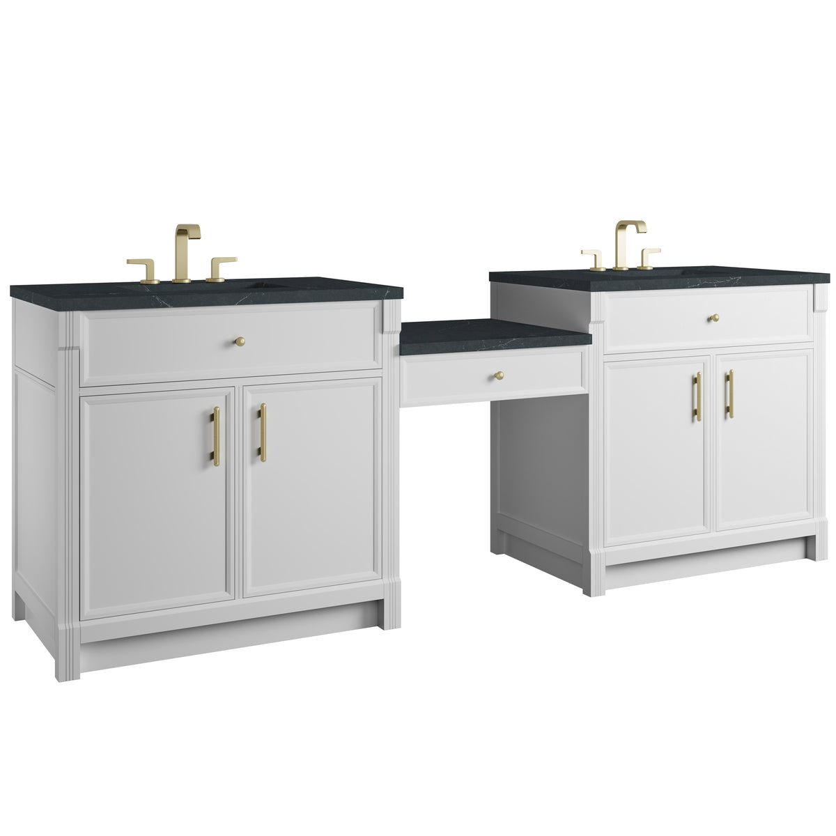 James Martin Vanities Bellshire 96" Bright White Dual Vanity Set With 3 cm Charcoal Soapstone Silestone Top and 24" Make-Up Counter