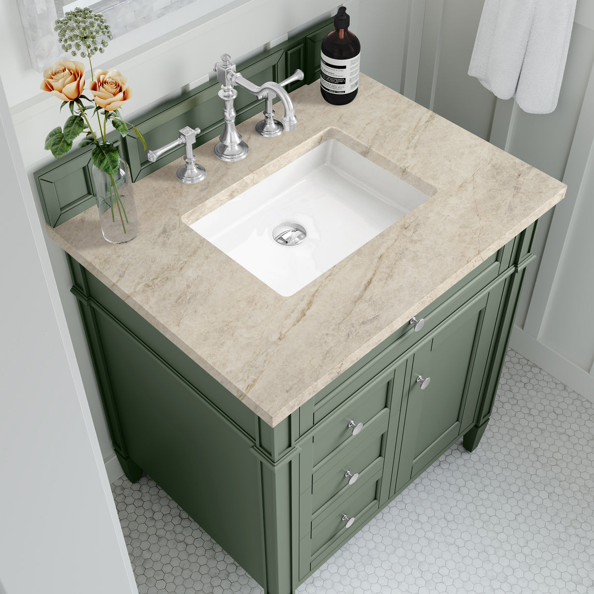 James Martin Vanities Brittany 30" Smokey Celadon Single Vanity With 3 CM Tajnar Eclos Top