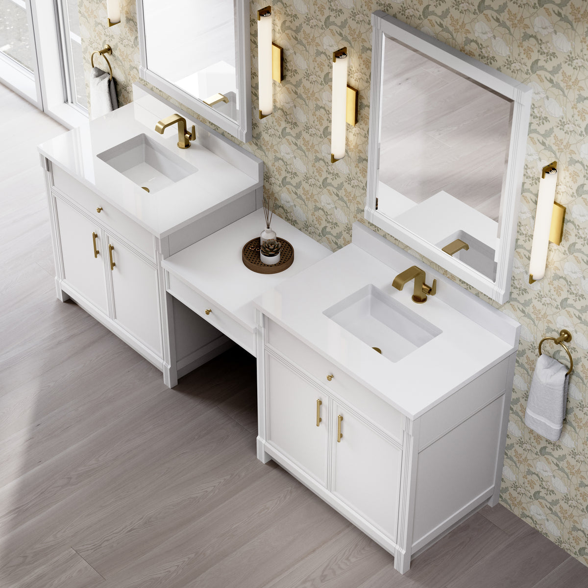 James Martin Vanities Bellshire 96" Bright White Dual Vanity Set With Single Hole 3 cm White Zeus Silestone Top, Backsplash and 24" Make-Up Counter