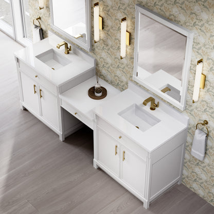 James Martin Vanities Bellshire 96" Bright White Dual Vanity Set With Single Hole 3 cm White Zeus Silestone Top, Backsplash and 24" Make-Up Counter