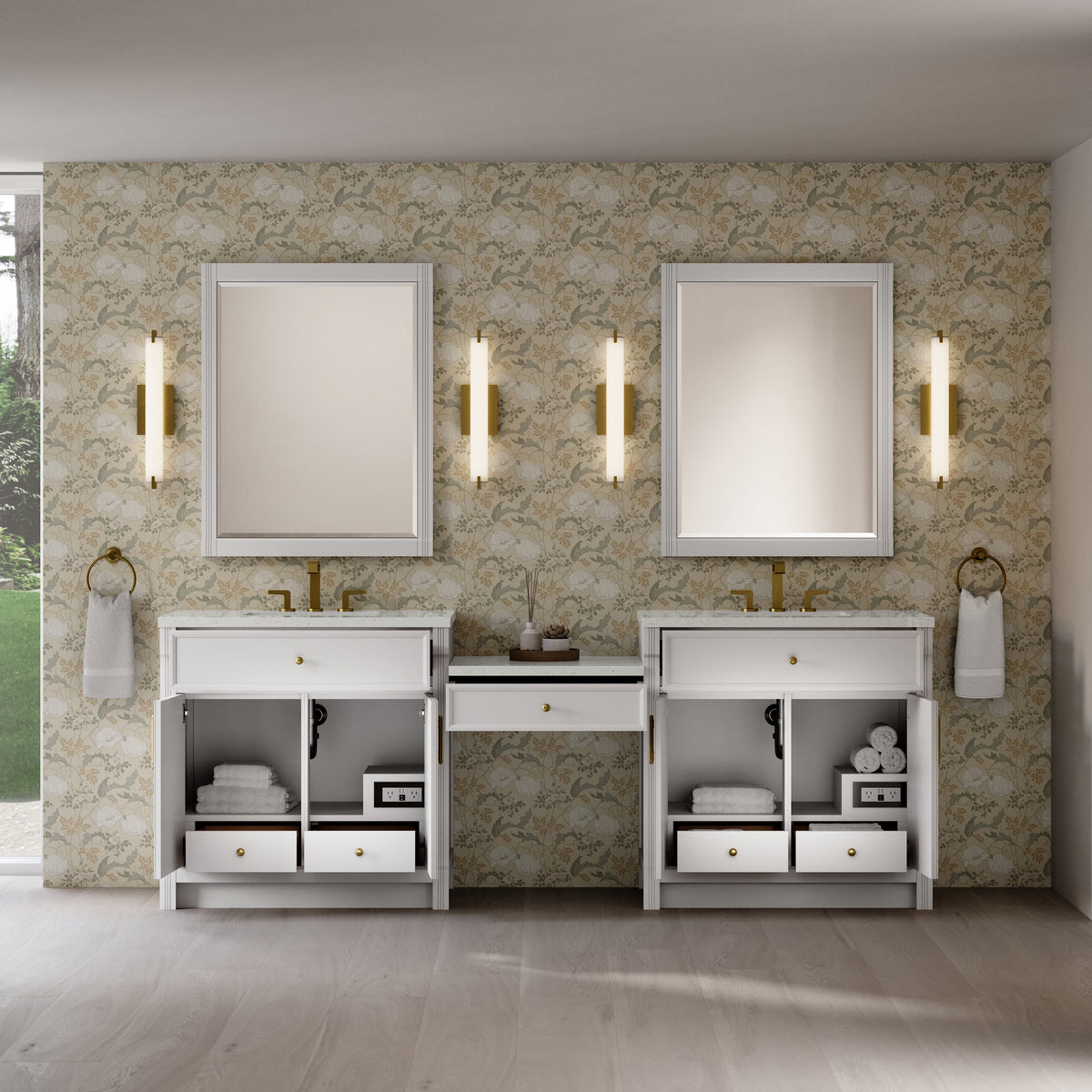 James Martin Vanities Bellshire 96" Bright White Dual Vanity Set With 3 cm Lime Delight Silestone Top and 24" Make-Up Counter