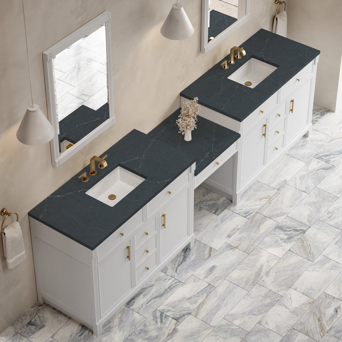 James Martin Vanities Bellshire 120" Bright White Dual Vanity Set With 3 cm Charcoal Soapstone Silestone Top and 24" Make-Up Counter