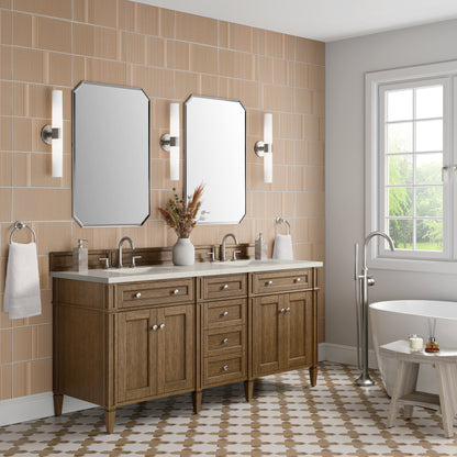 James Martin Vanities Brittany 72" Saddle Brown Double Vanity With 3 CM Siberian Silestone Top and FreePower Wireless Charger