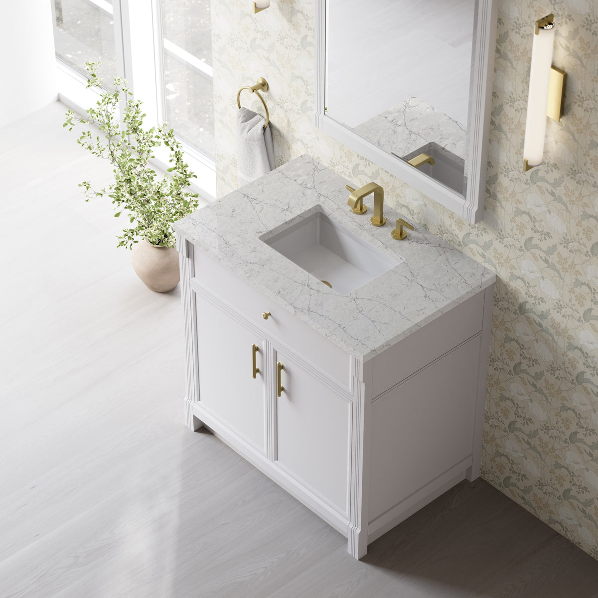 James Martin Vanities Bellshire 36" Bright White Single Vanity With 3 CM Eternal Jasmine Pearl Silestone Top