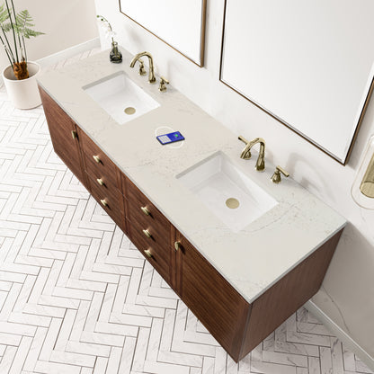 James Martin Vanities Amberly 72" Mid-Century Walnut Double Vanity With 3 CM Siberian Silestone Top and FreePower Wireless Charger