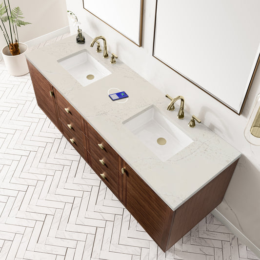 James Martin Vanities Amberly 72" Mid-Century Walnut Double Vanity With 3 CM Siberian Silestone Top and FreePower Wireless Charger