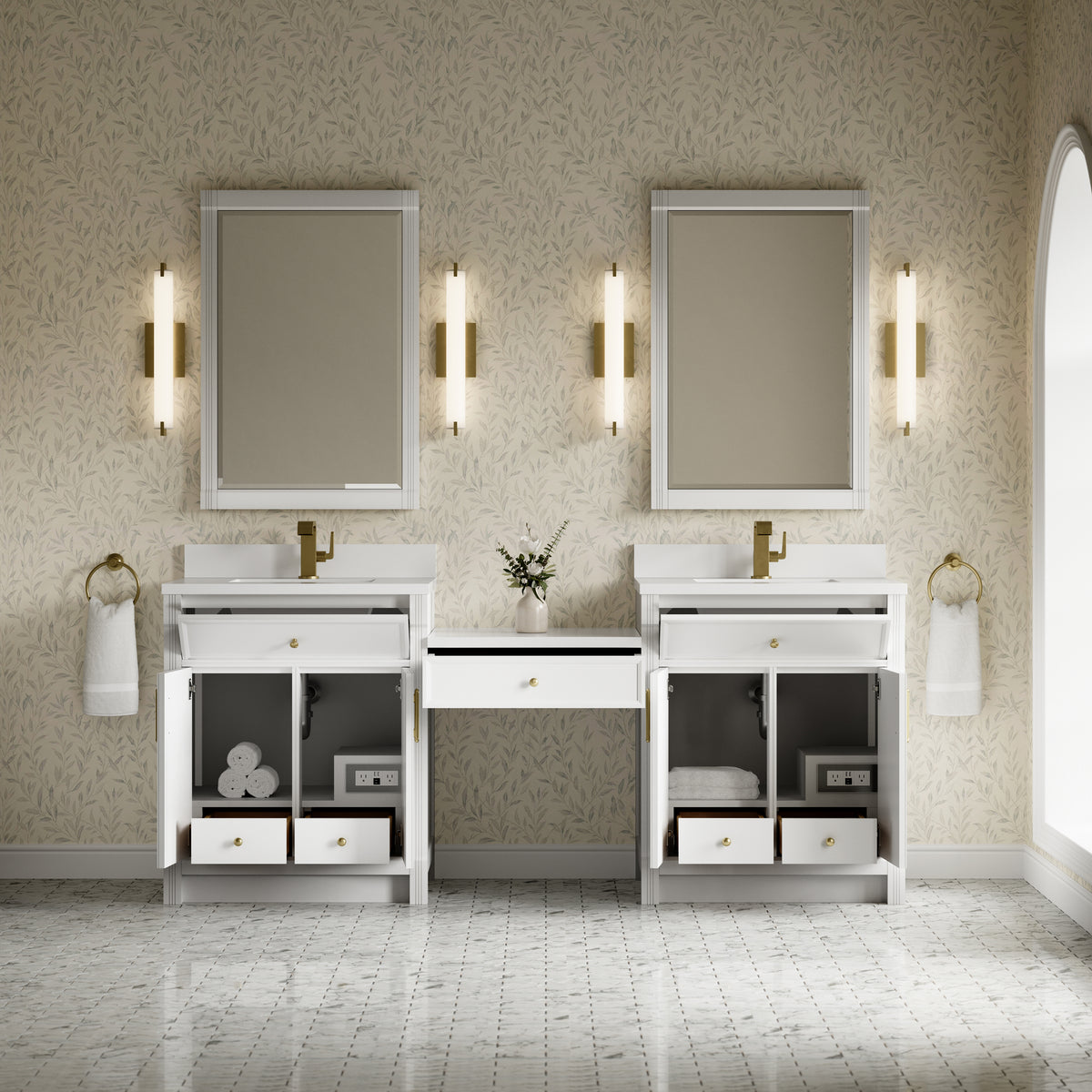 James Martin Vanities Bellshire 84" Bright White Dual Vanity Set With Single Hole 3 cm White Zeus Silestone Top, Backsplash and 24" Make-Up Counter