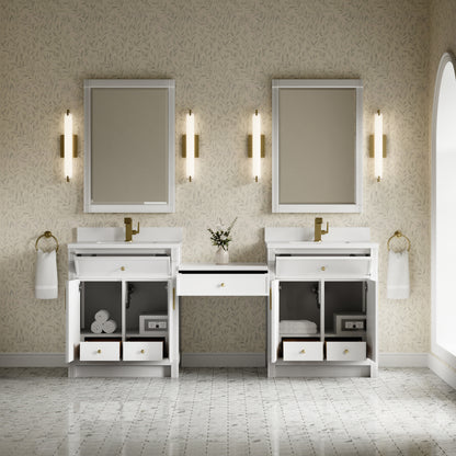 James Martin Vanities Bellshire 84" Bright White Dual Vanity Set With Single Hole 3 cm White Zeus Silestone Top, Backsplash and 24" Make-Up Counter