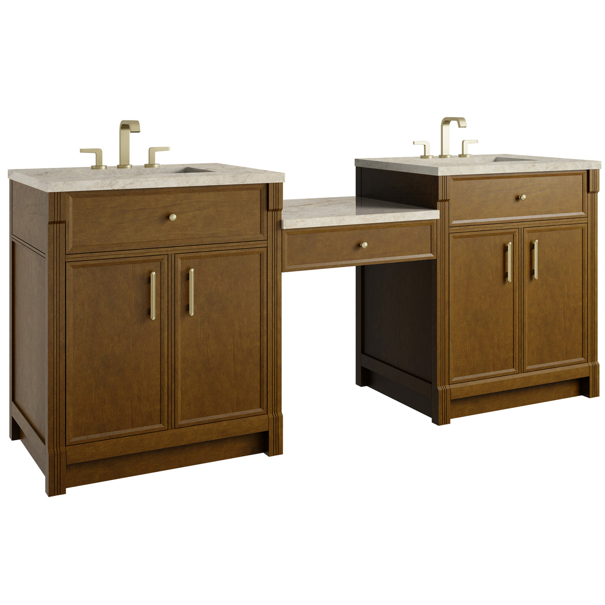 James Martin Vanities Bellshire 84" Honey Oak Dual Vanity Set With 3 cm Tajnar Eclos Top and 24" Make-Up Counter