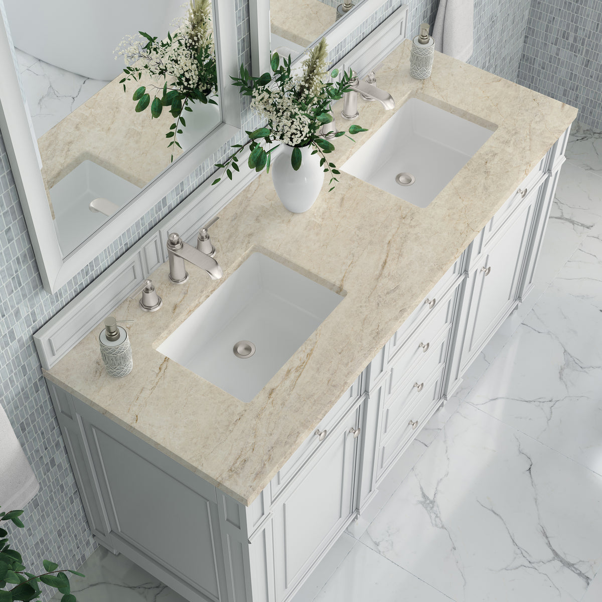 James Martin Vanities Bristol 60" Bright White Double Vanity With 3 CM Tajnar Eclos Top
