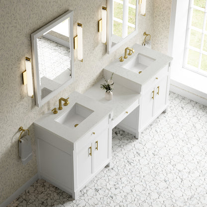 James Martin Vanities Bellshire 84" Bright White Dual Vanity Set With 3 cm Lime Delight Silestone Top and 24" Make-Up Counter