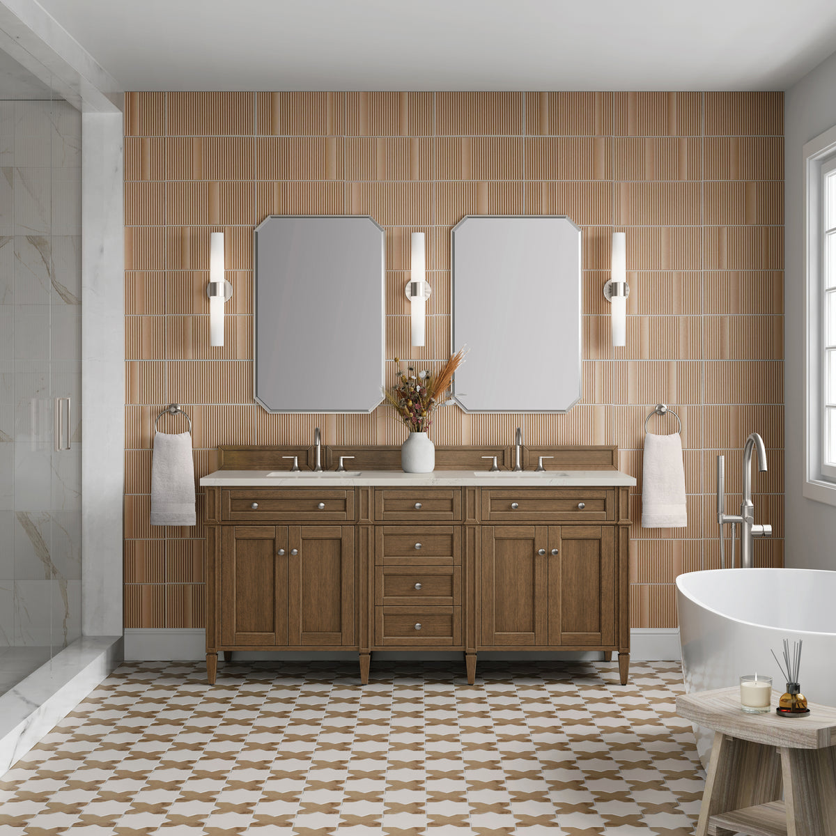 James Martin Vanities Brittany 72" Saddle Brown Double Vanity With 3 CM Siberian Silestone Top and FreePower Wireless Charger