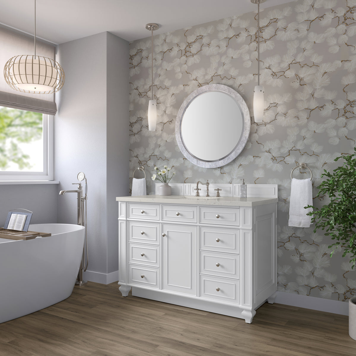 James Martin Vanities Bristol 48" Bright White Single Vanity With 3 CM Siberian Silestone Top and FreePower Wireless Charger