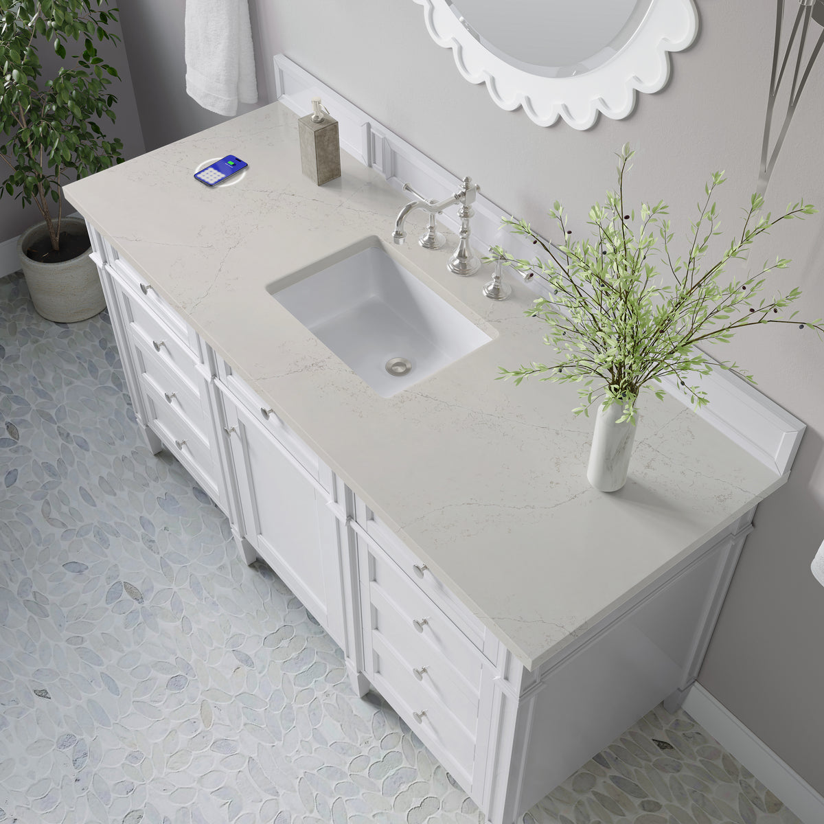 James Martin Vanities Brittany 60" Bright White Single Vanity With 3 CM Siberian Silestone Top and FreePower Wireless Charger