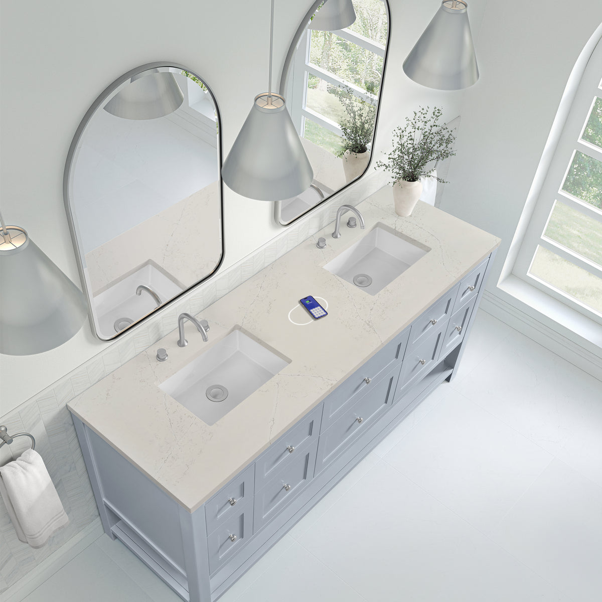 James Martin Vanities Breckenridge 72" Serenity Blue Double Vanity With 3cm Siberian Silestone Top and FreePower Wireless Charger