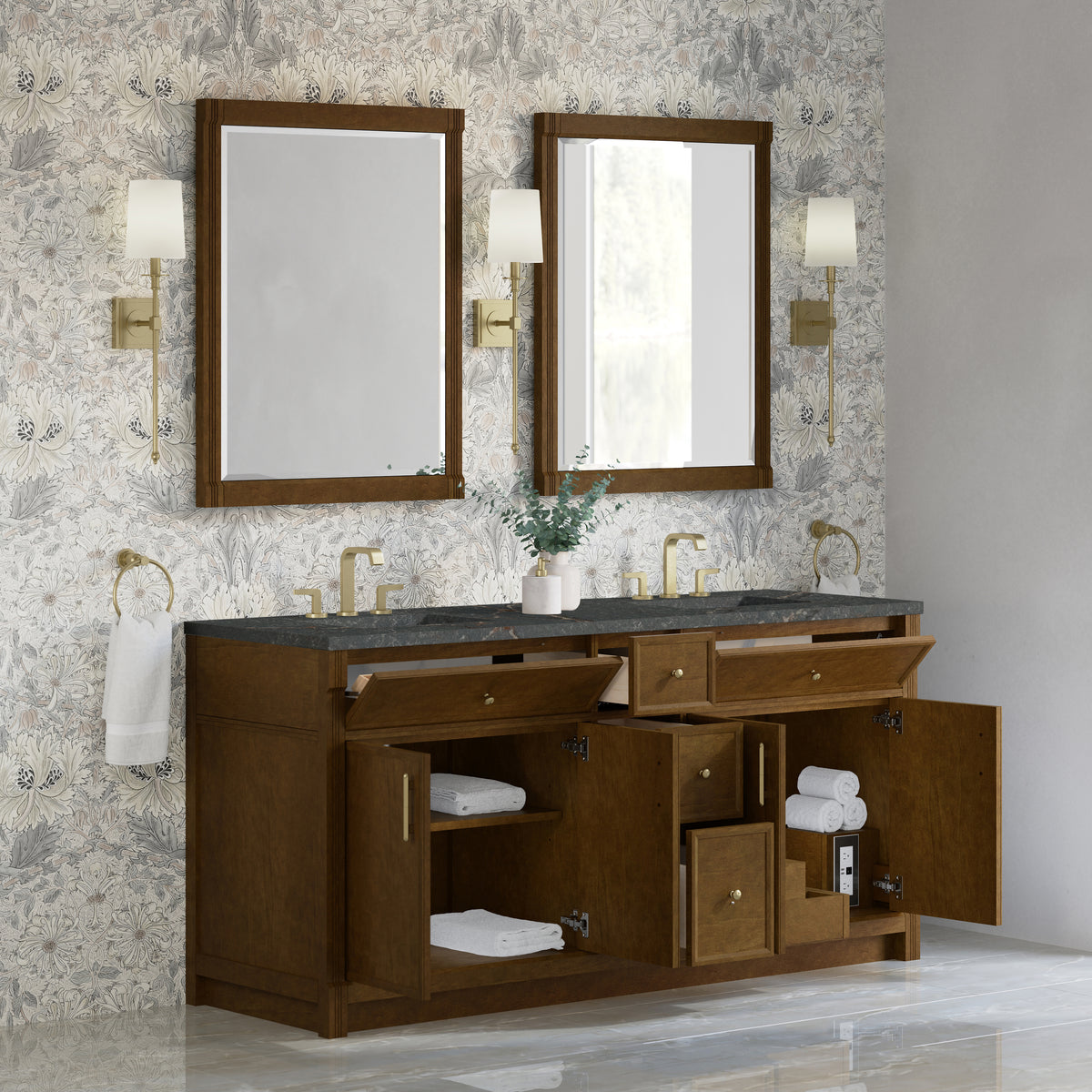 James Martin Vanities Bellshire 72" Honey Oak Double Vanity With 3 CM Parisien Bleu Silestone Top
