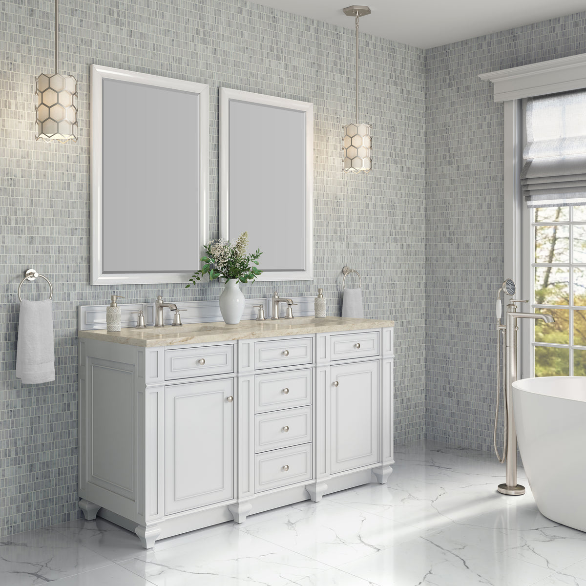 James Martin Vanities Bristol 60" Bright White Double Vanity With 3 CM Tajnar Eclos Top