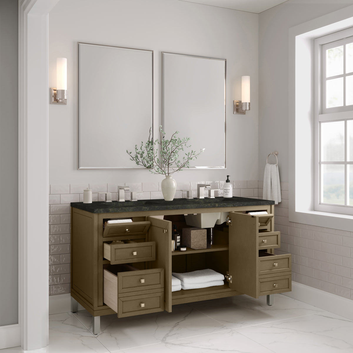 James Martin Vanities Chicago 60" Walnut Whisper Double Vanity With 3 CM Phantome Eclos Top