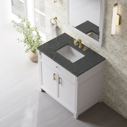James Martin Vanities Bellshire 36" Bright White Single Vanity With 3 CM Parisien Bleu Silestone Top