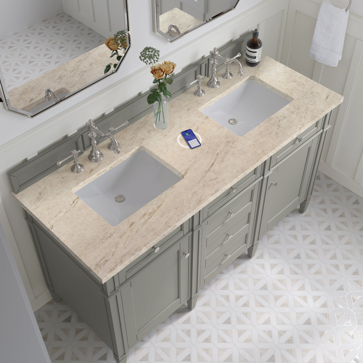James Martin Vanities Brittany 60" Urban Gray Double Vanity With 3 CM Tajnar Eclos Top and FreePower Wireless Charger