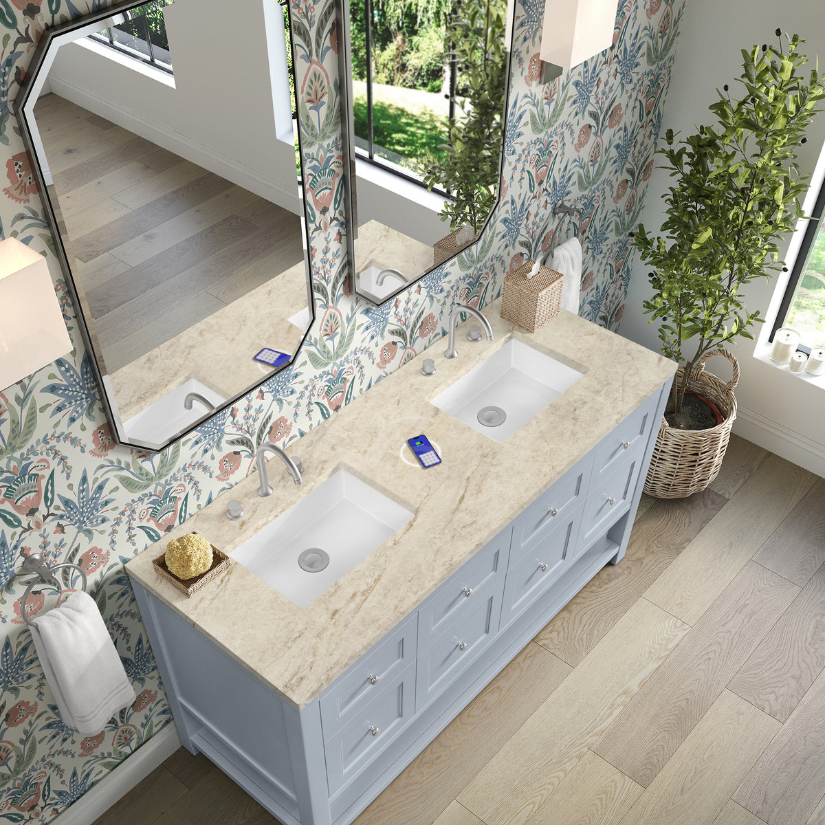 James Martin Vanities Breckenridge 60" Serenity Blue Double Vanity With 3cm Tajnar Eclos Top and FreePower Wireless Charger