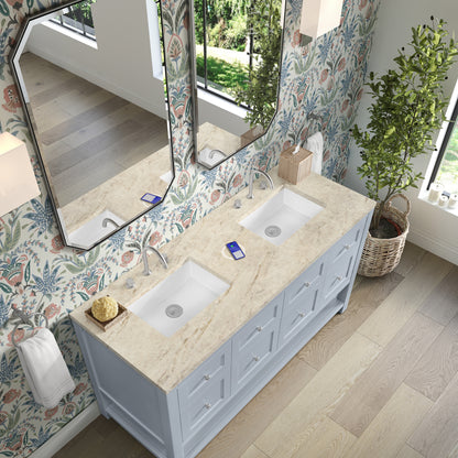 James Martin Vanities Breckenridge 60" Serenity Blue Double Vanity With 3cm Tajnar Eclos Top and FreePower Wireless Charger