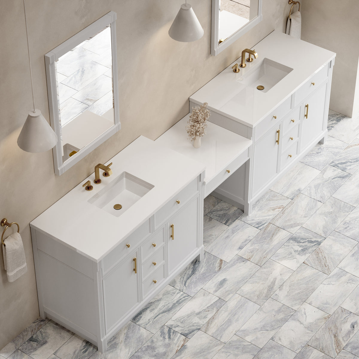 James Martin Vanities Bellshire 120" Bright White Dual Vanity Set With 3 cm White Zeus Silestone Top and 24" Make-Up Counter