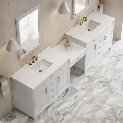 James Martin Vanities Bellshire 120" Bright White Dual Vanity Set With 3 cm White Zeus Silestone Top and 24" Make-Up Counter