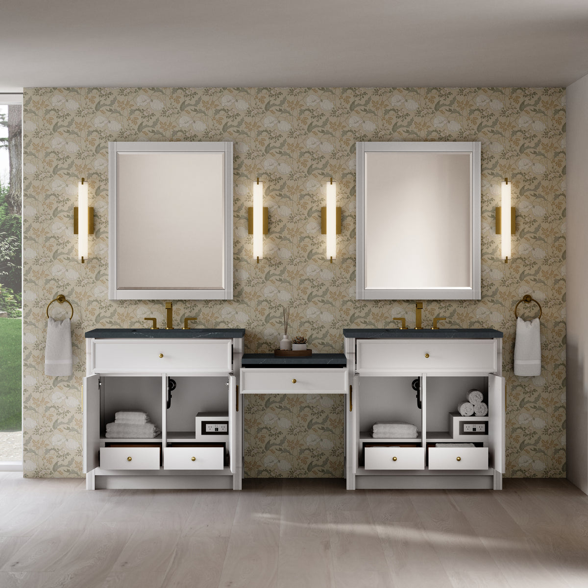 James Martin Vanities Bellshire 96" Bright White Dual Vanity Set With 3 cm Charcoal Soapstone Silestone Top and 24" Make-Up Counter