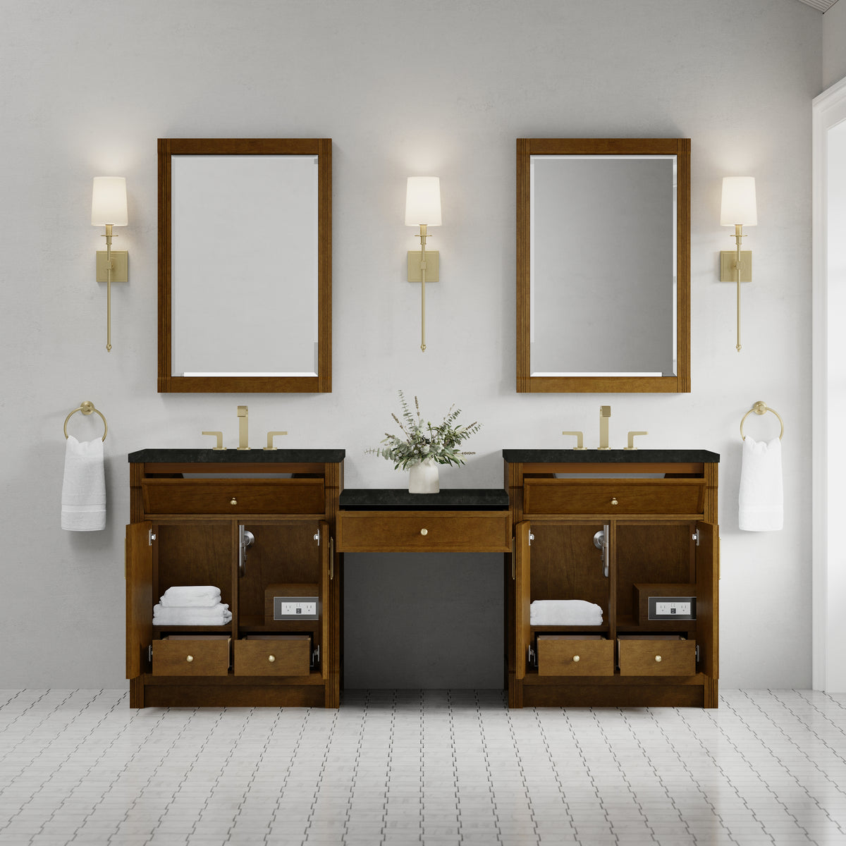James Martin Vanities Bellshire 84" Honey Oak Dual Vanity Set With 3 cm Phantome Eclos Top and 24" Make-Up Counter