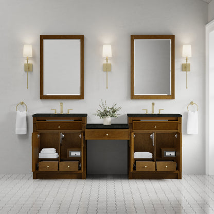 James Martin Vanities Bellshire 84" Honey Oak Dual Vanity Set With 3 cm Phantome Eclos Top and 24" Make-Up Counter