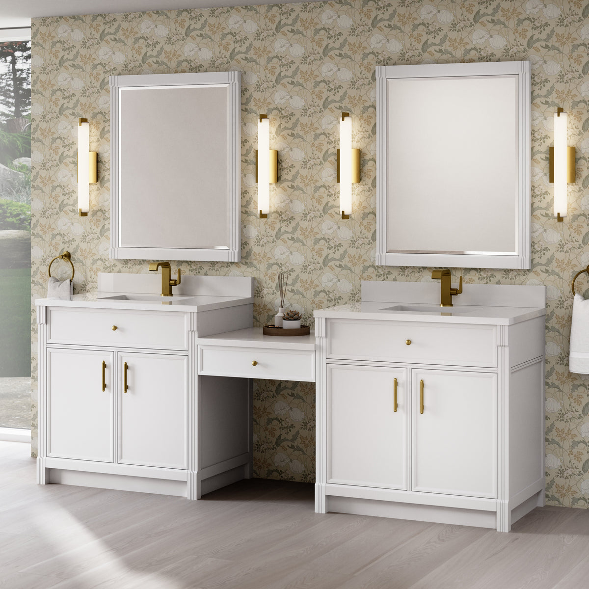 James Martin Vanities Bellshire 96" Bright White Dual Vanity Set With Single Hole 3 cm White Zeus Silestone Top, Backsplash and 24" Make-Up Counter
