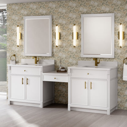 James Martin Vanities Bellshire 96" Bright White Dual Vanity Set With Single Hole 3 cm White Zeus Silestone Top, Backsplash and 24" Make-Up Counter
