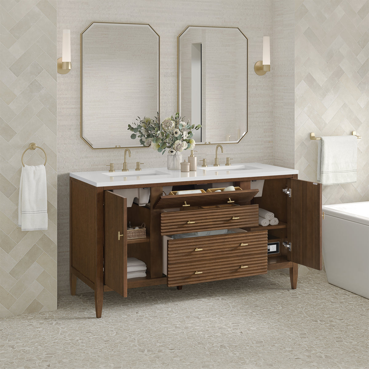James Martin Vanities Myrrin 60" Mid-Century Walnut Double Vanity Mid