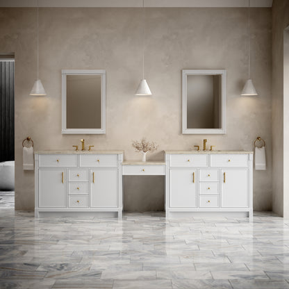 James Martin Vanities Bellshire 120" Bright White Dual Vanity Set With 3 cm Tajnar Eclos Top and 24" Make-Up Counter