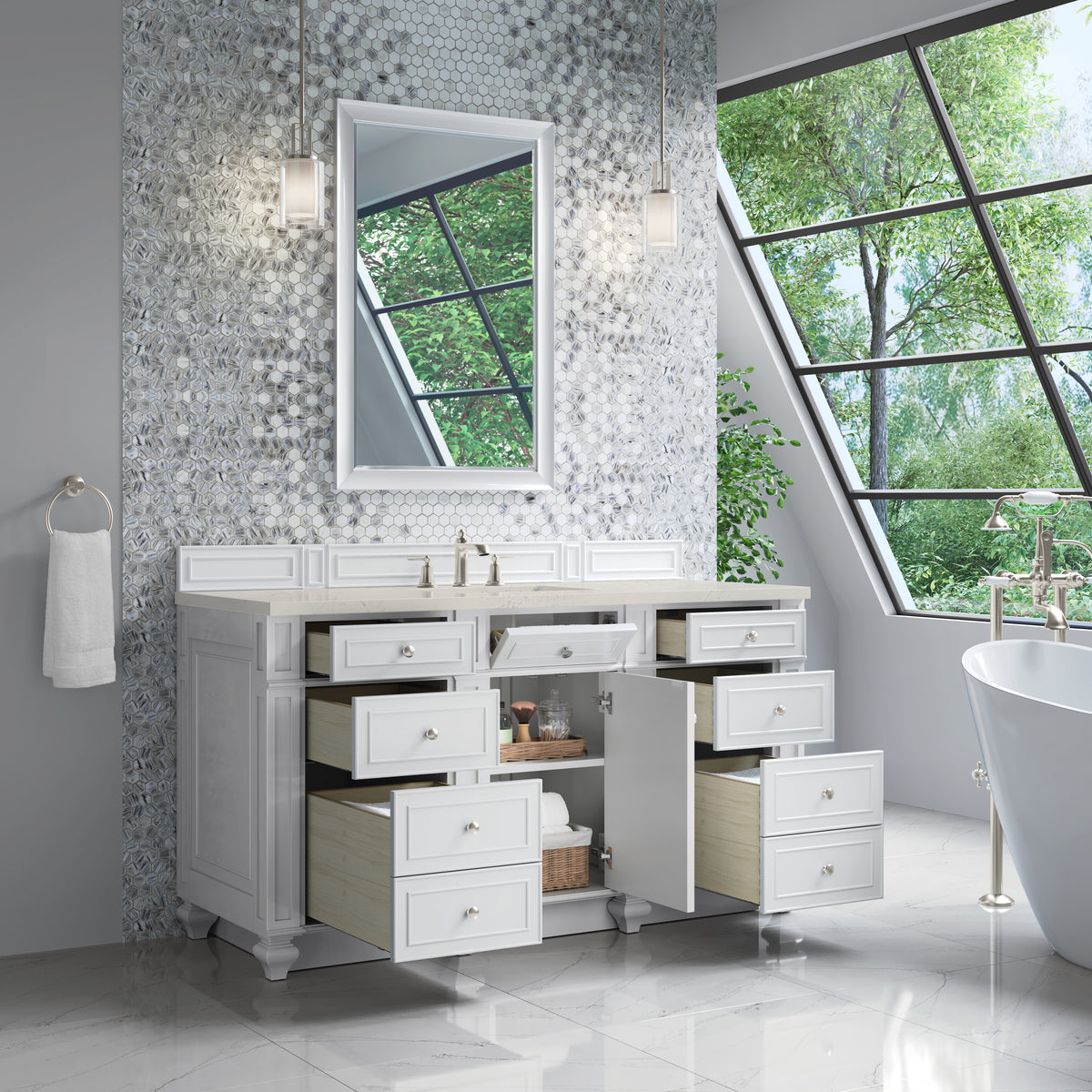 James Martin Vanities Bristol 60" Bright White Single Vanity With 3 CM Siberian Silestone Top and FreePower Wireless Charger