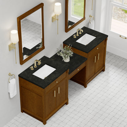 James Martin Vanities Bellshire 84" Honey Oak Dual Vanity Set With 3 cm Phantome Eclos Top and 24" Make-Up Counter
